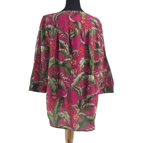 Tommy Bahama silk blend Blouse Top Pink Green Tropical Floral Vacation sz lg - Picture 2 of 11